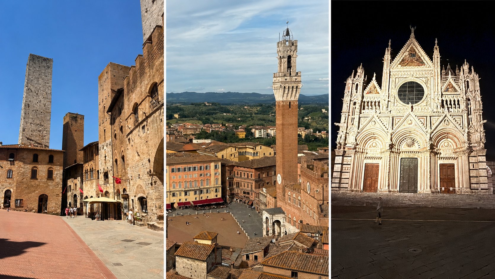 Kolaż zdjęć toskańskich miasteczek: San Gimignano, Piazza del Campo w Sienie i katedra w Sienie nocą