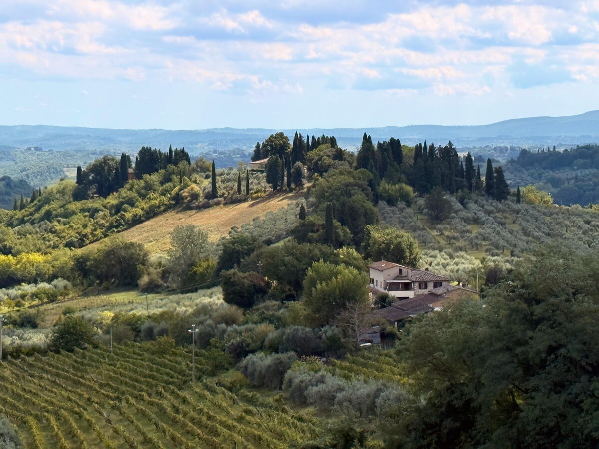 Winnice i toskańska wiejska posiadłość w okolicach San Gimignano